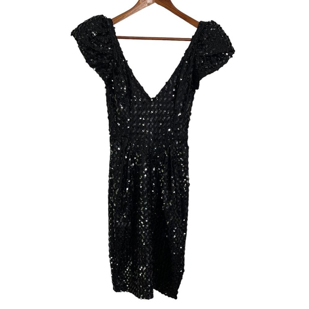 Climax David Howard Sequin Puff Sleeve Midi Party Cocktail Dress Black SZ 3/4